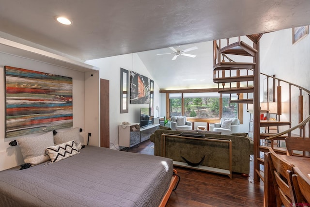 bedroom with recessed lighting, hardwood / wood-style floors, and lofted ceiling