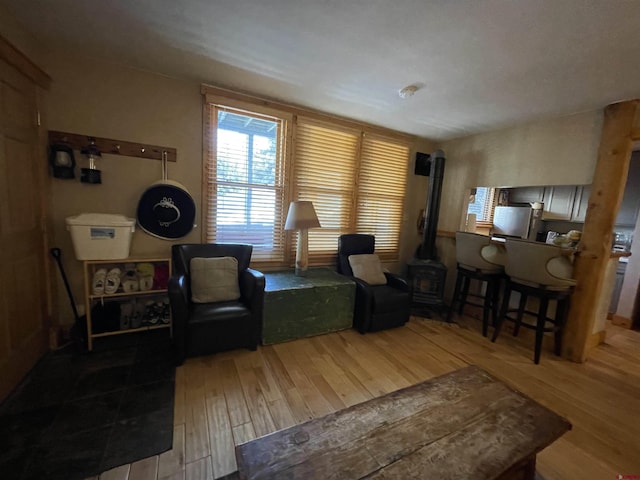 living area featuring a wood stove and wood finished floors