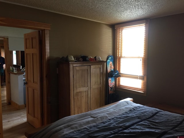 bedroom featuring a textured ceiling, wood finished floors, and multiple windows