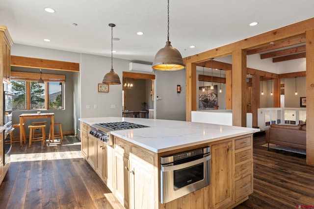 kitchen featuring recessed lighting, a wall mounted air conditioner, stainless steel appliances, and dark wood-type flooring