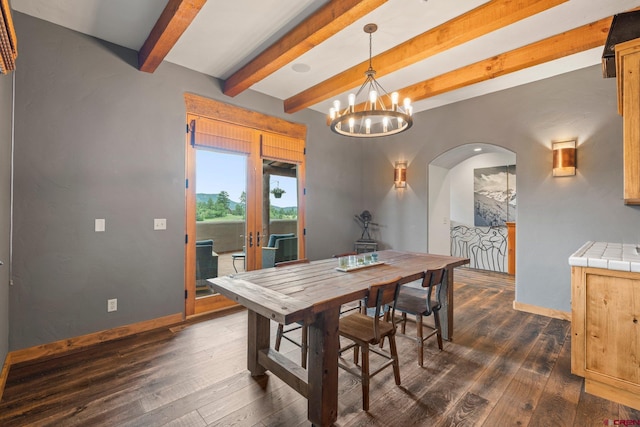 dining space featuring arched walkways, baseboards, beamed ceiling, an inviting chandelier, and dark wood-type flooring