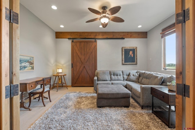 carpeted living area with recessed lighting, a barn door, and ceiling fan
