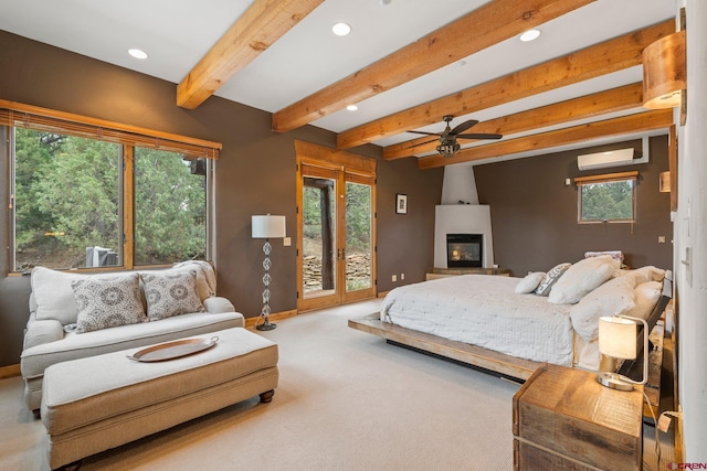 bedroom with beam ceiling, a fireplace, access to exterior, recessed lighting, and carpet flooring