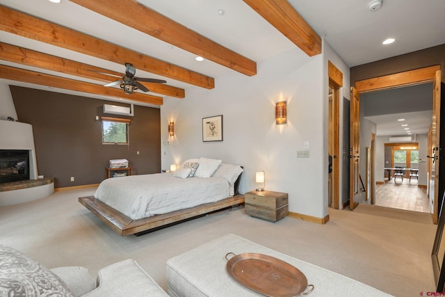 carpeted bedroom featuring recessed lighting, baseboards, beam ceiling, and multiple windows