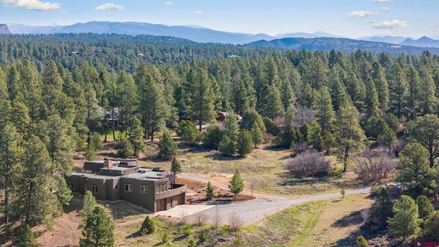 drone / aerial view with a view of trees and a mountain view