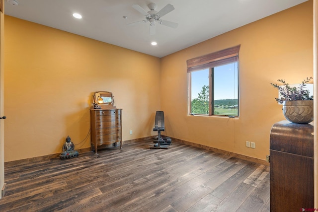 workout room with baseboards, a ceiling fan, recessed lighting, and wood finished floors