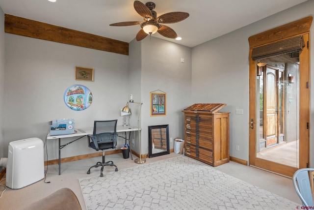 home office with carpet floors, baseboards, a ceiling fan, and recessed lighting