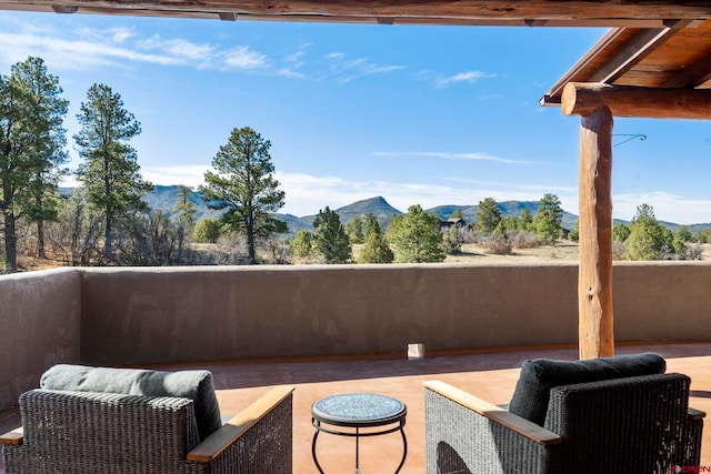 view of patio with a mountain view