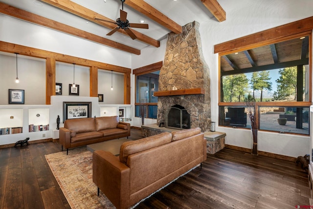 living room with ceiling fan, a fireplace, baseboards, lofted ceiling with beams, and dark wood-style floors