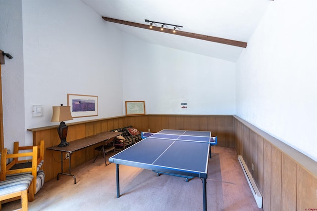 40 Marcellina Ln Unit 16, Mount Crested Butte, CO 81225 - game room featuring wood walls, lofted ceiling, light colored carpet, a wainscoted wall, and a baseboard radiator