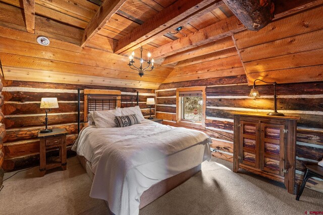 bedroom with an inviting chandelier, wood ceiling, lofted ceiling with beams, and carpet flooring