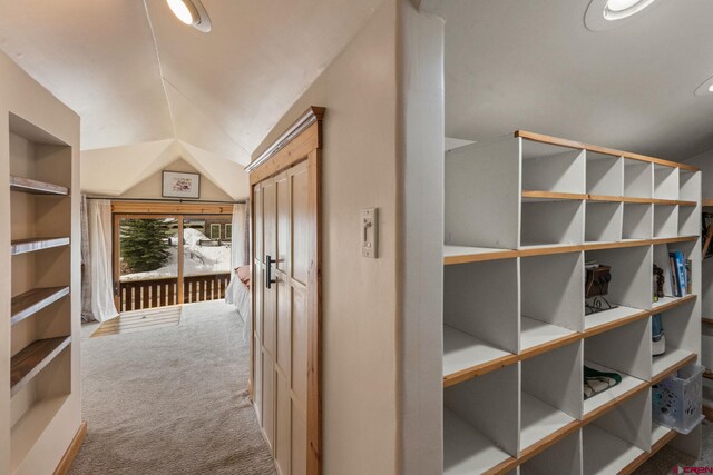 hall featuring carpet flooring, built in shelves, and lofted ceiling