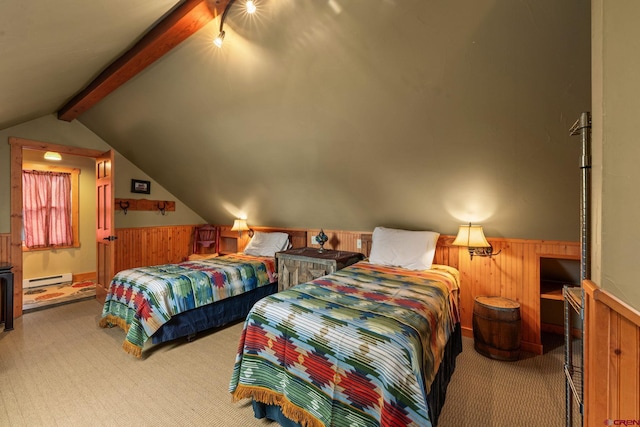 bedroom featuring carpet floors, wood walls, wainscoting, and baseboard heating