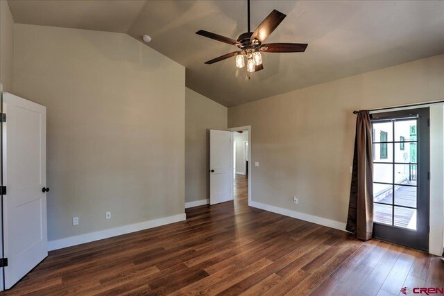 474 Lakewood St, Pagosa Springs, CO 81147 - empty room with baseboards, a ceiling fan, high vaulted ceiling, and dark wood-type flooring