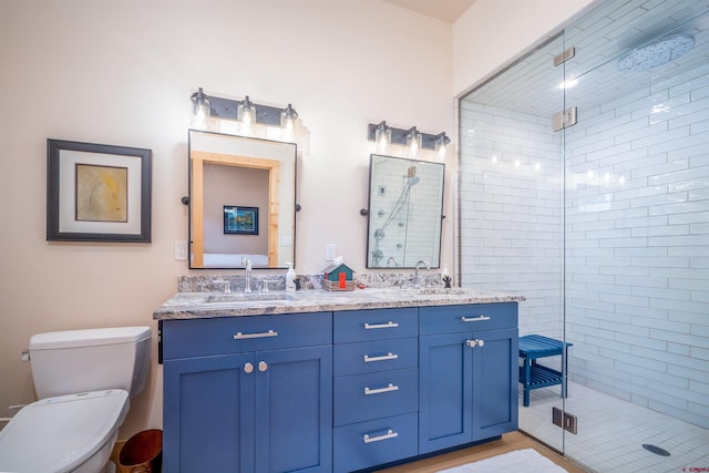 full bathroom with toilet, a shower stall, and a sink