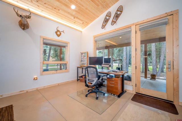 office with recessed lighting, concrete flooring, vaulted ceiling, and wooden ceiling