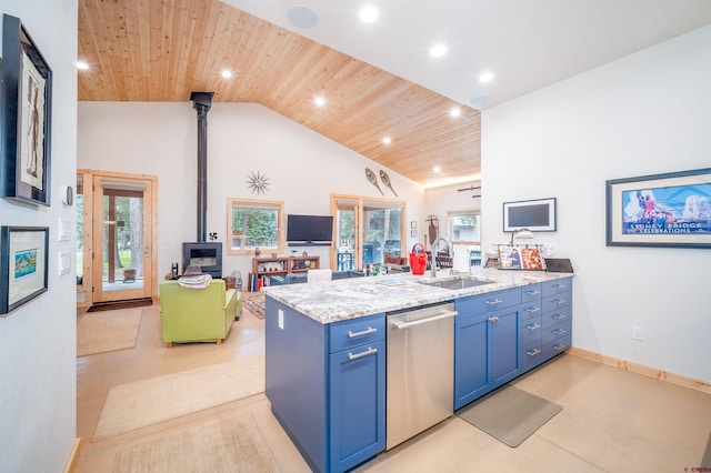 kitchen featuring stainless steel dishwasher, a peninsula, wooden ceiling, and a sink