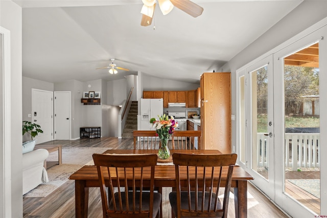 826 E Tamarack Dr, Bayfield, CO 81122 - dining room featuring light wood-type flooring, stairs, ceiling fan, and vaulted ceiling