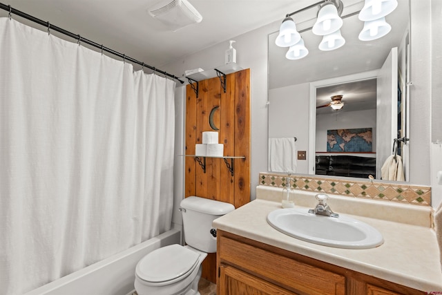 826 E Tamarack Dr, Bayfield, CO 81122 - bathroom with vanity, visible vents, toilet, shower / bathtub combination with curtain, and a ceiling fan