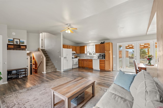826 E Tamarack Dr, Bayfield, CO 81122 - living area featuring a ceiling fan, stairs, lofted ceiling, and dark wood-type flooring