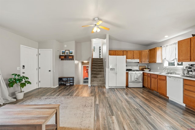 826 E Tamarack Dr, Bayfield, CO 81122 - kitchen with ceiling fan, white appliances, wood finished floors, lofted ceiling, and under cabinet range hood