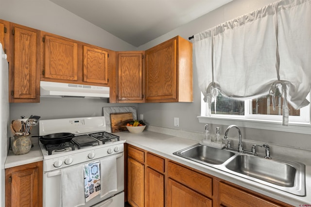826 E Tamarack Dr, Bayfield, CO 81122 - kitchen featuring brown cabinets, a sink, light countertops, white gas stove, and under cabinet range hood