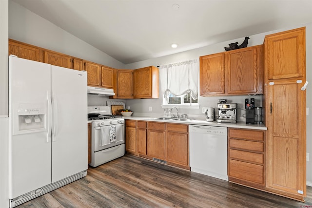 826 E Tamarack Dr, Bayfield, CO 81122 - kitchen featuring a sink, white appliances, dark wood finished floors, under cabinet range hood, and vaulted ceiling