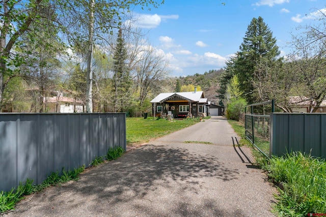 view of road with a gated entry and aphalt driveway