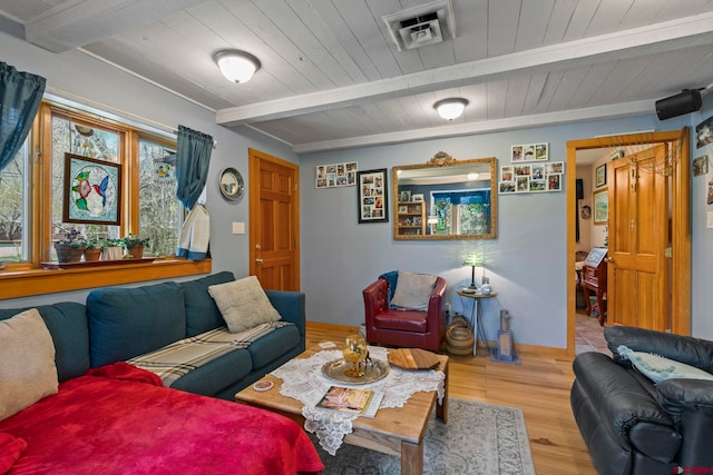 living room with visible vents, wooden ceiling, beam ceiling, and wood finished floors