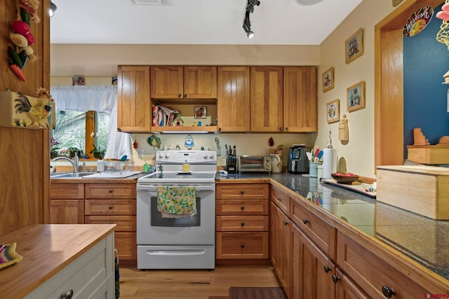 kitchen featuring electric range, a sink, light wood finished floors, brown cabinetry, and a toaster