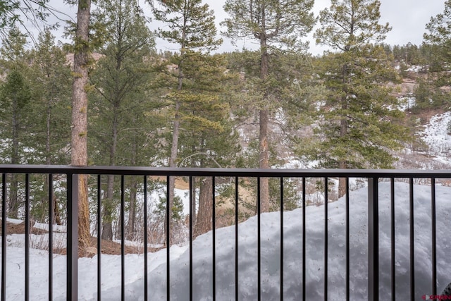 view of snow covered back of property