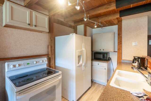 kitchen featuring wood ceiling, light wood-type flooring, beam ceiling, a sink, and white appliances