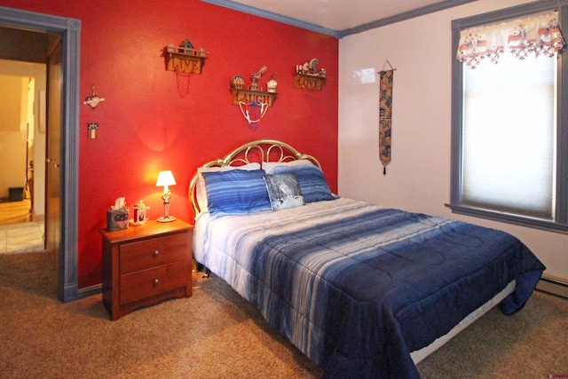 bedroom with carpet flooring and crown molding