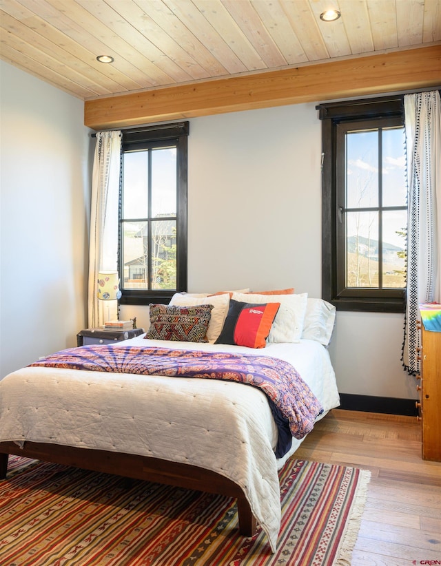 bedroom featuring wood-type flooring, recessed lighting, and wood ceiling
