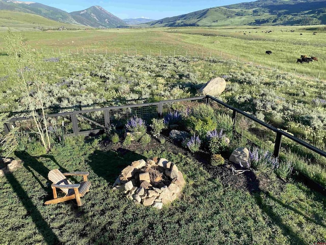 birds eye view of property with a mountain view and a rural view