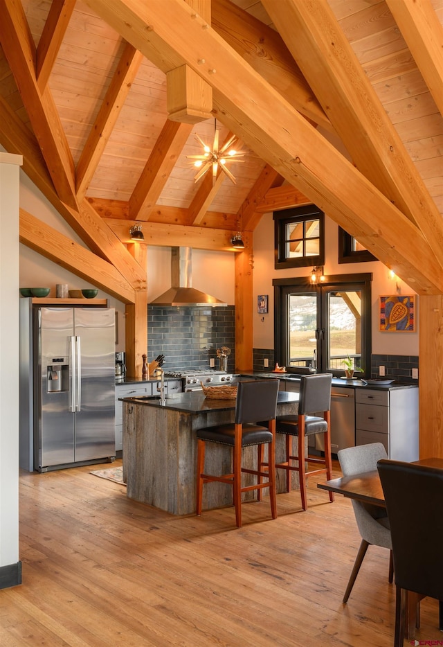 kitchen featuring decorative backsplash, dark countertops, vaulted ceiling with beams, wall chimney exhaust hood, and stainless steel appliances