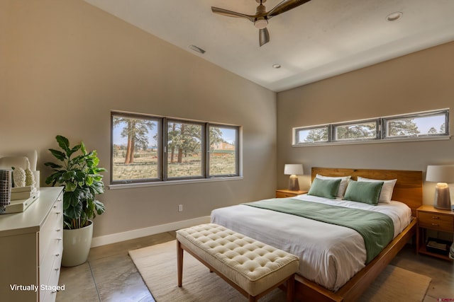 2785 Rock Rd Unit A, Pagosa Springs, CO 81147 - bedroom featuring baseboards, a ceiling fan, and high vaulted ceiling