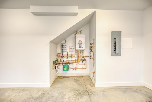 utility room with water heater and electric panel