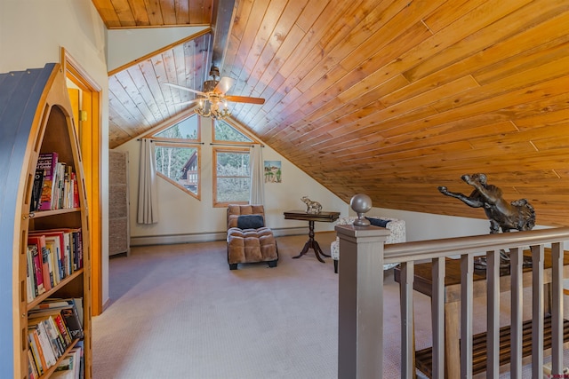 sitting room featuring wood ceiling, ceiling fan, vaulted ceiling, a baseboard radiator, and carpet flooring