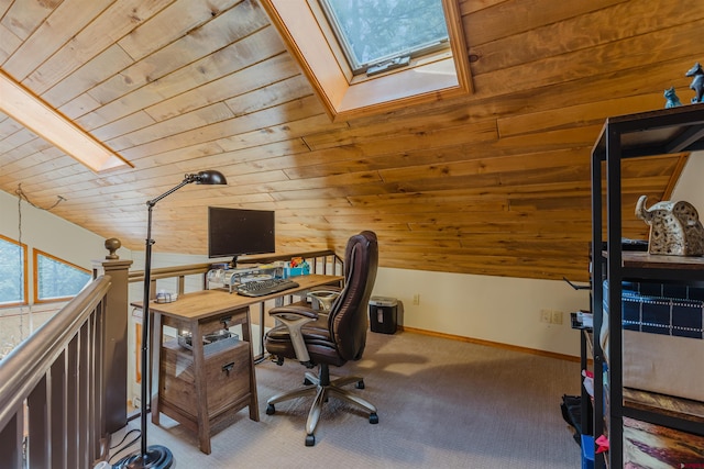 home office with wood ceiling, baseboards, carpet flooring, and lofted ceiling with skylight