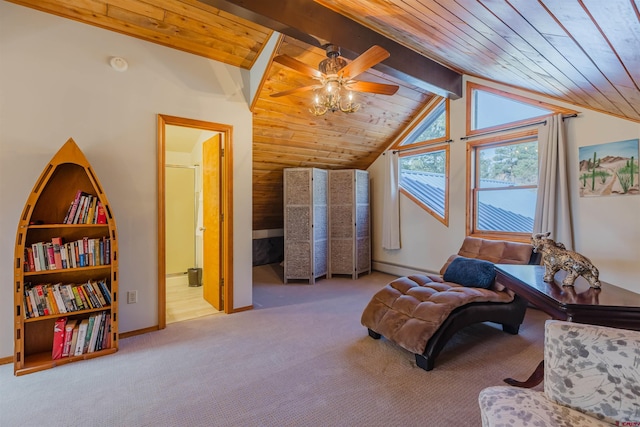 sitting room with lofted ceiling with beams, a baseboard radiator, wood ceiling, a ceiling fan, and carpet