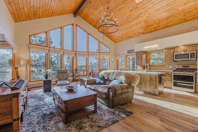 living room with light wood finished floors, a chandelier, high vaulted ceiling, and wooden ceiling