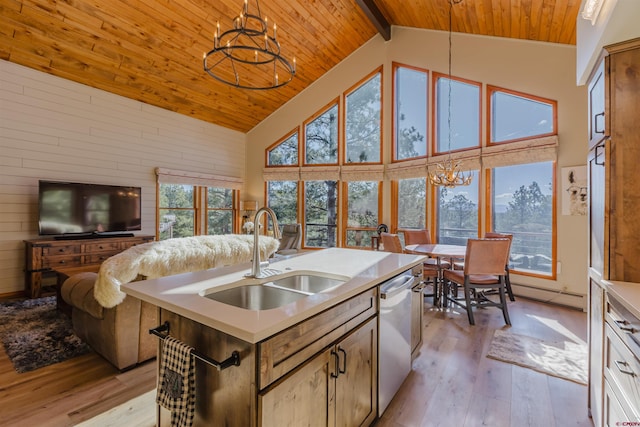 kitchen with stainless steel dishwasher, an inviting chandelier, a sink, and light wood finished floors