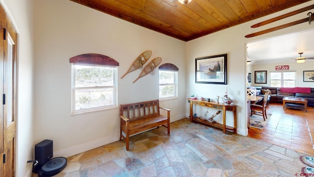 18812 Rd 27, Dolores, CO 81323 - living area with stone tile floors, baseboards, ceiling fan, and wood ceiling