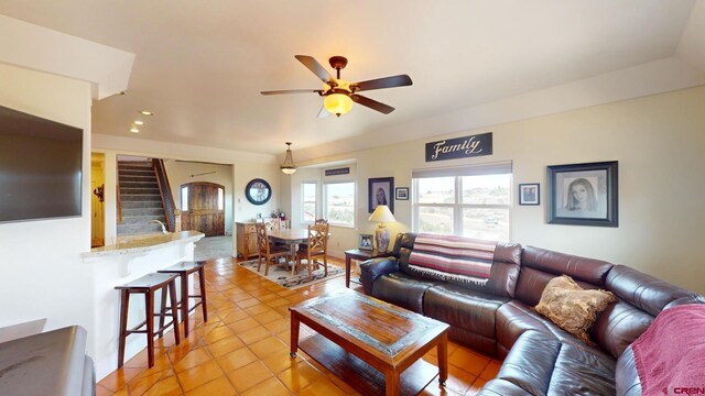 18812 Rd 27, Dolores, CO 81323 - living room with stairs, recessed lighting, ceiling fan, and light tile patterned floors