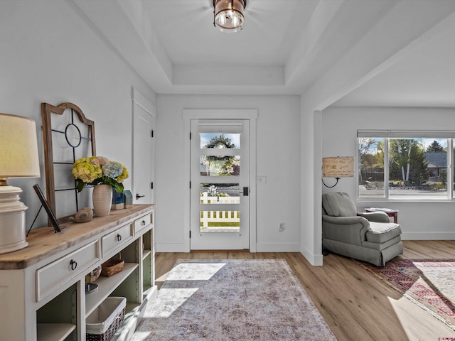 foyer with baseboards, a raised ceiling, and light wood-style flooring