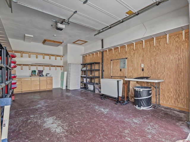 garage featuring wood walls