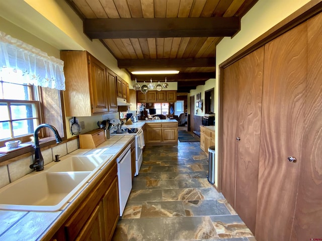409 Sierra Vista Way, Gunnison, CO 81230 - kitchen with a sink, white appliances, tile counters, wooden ceiling, and stone tile flooring