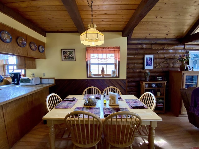 409 Sierra Vista Way, Gunnison, CO 81230 - dining area featuring beam ceiling, wooden ceiling, wood finished floors, a toaster, and log walls