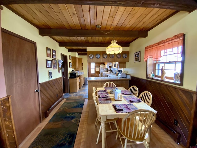 409 Sierra Vista Way, Gunnison, CO 81230 - dining room with wood walls, wooden ceiling, beam ceiling, and a wainscoted wall